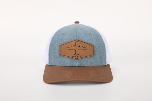 C130 Trucker Hat - 6 Panel Blue/Brown/White - Adult/Youth Sizes